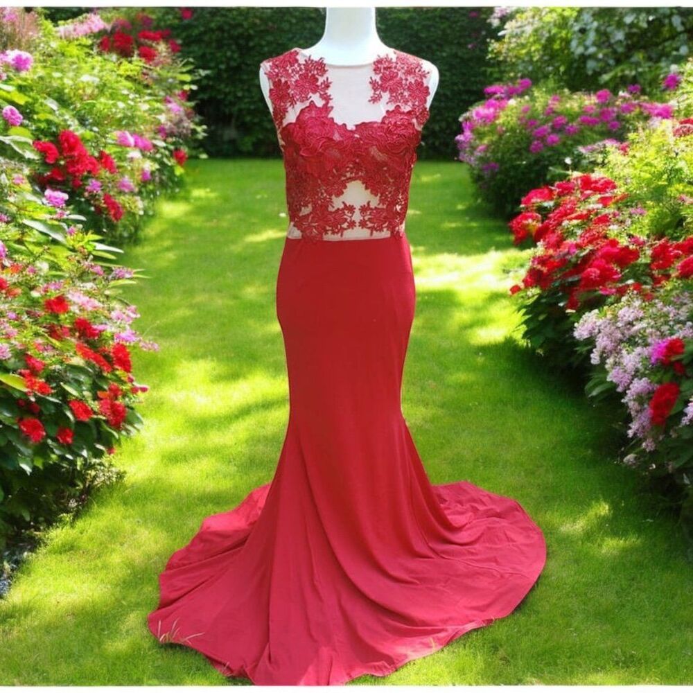 CQ by CQ size medium M Red Mermaid Prom Dress Lace Mesh floral bodice